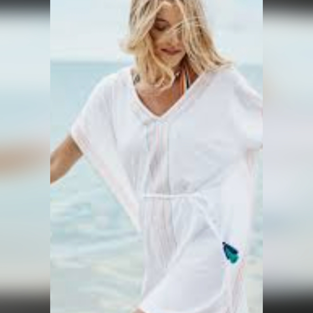 BODEN Eloise White  100% Cotton  Jersey  Belted contrast stitching Kaftan Tunic